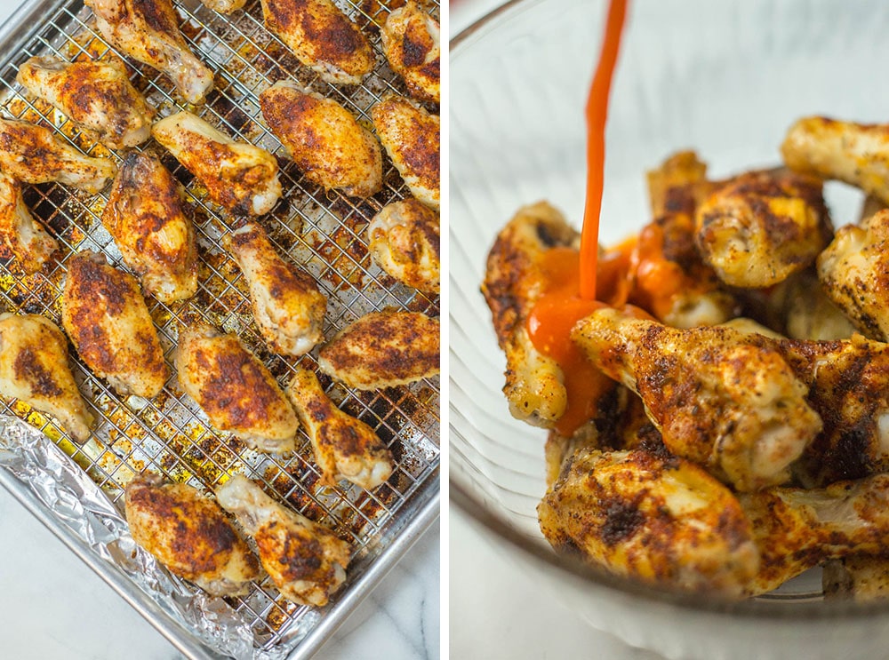Baked chicken wings on a rack next to a bowl of chicken wings with buffalo sauce being poured 