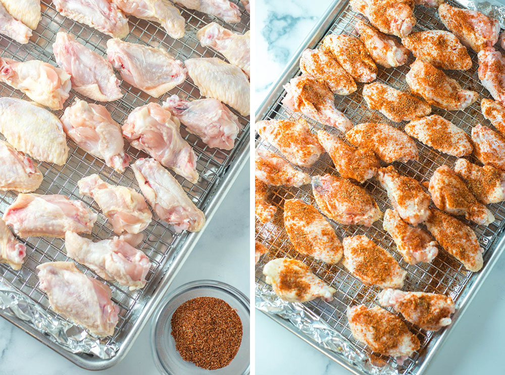 Two overhead views of raw chicken wings and raw chicken wings with seasoning