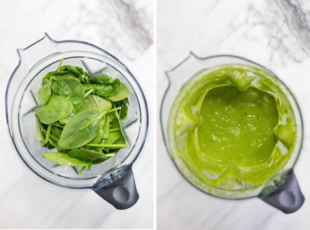 2 Photos side by side of a blender with raw baby spinach and a blender with pureed spinach