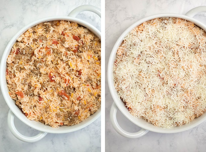 Side by side photos of a white baking dish filled with uncooked Italian Sausage Casserole. 