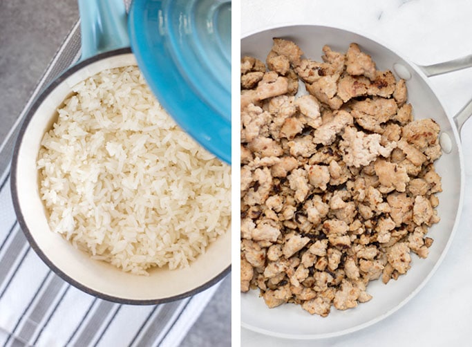  Side by side photos of a saucepan of cooked white rice and a skillet of cooked sausage