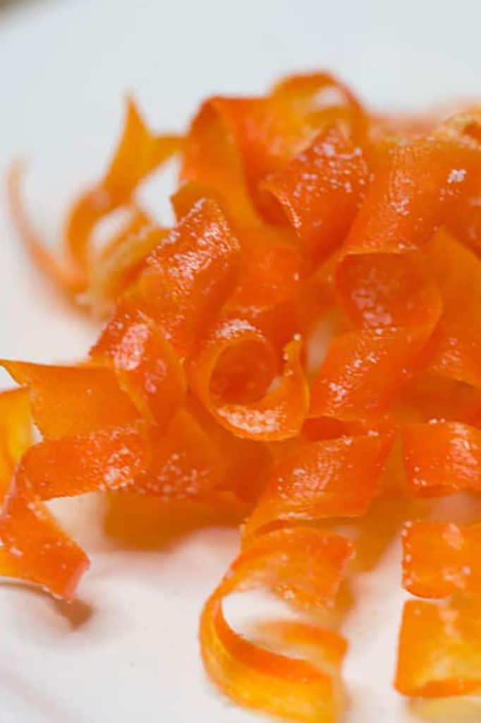 White plate of candied carrot curls