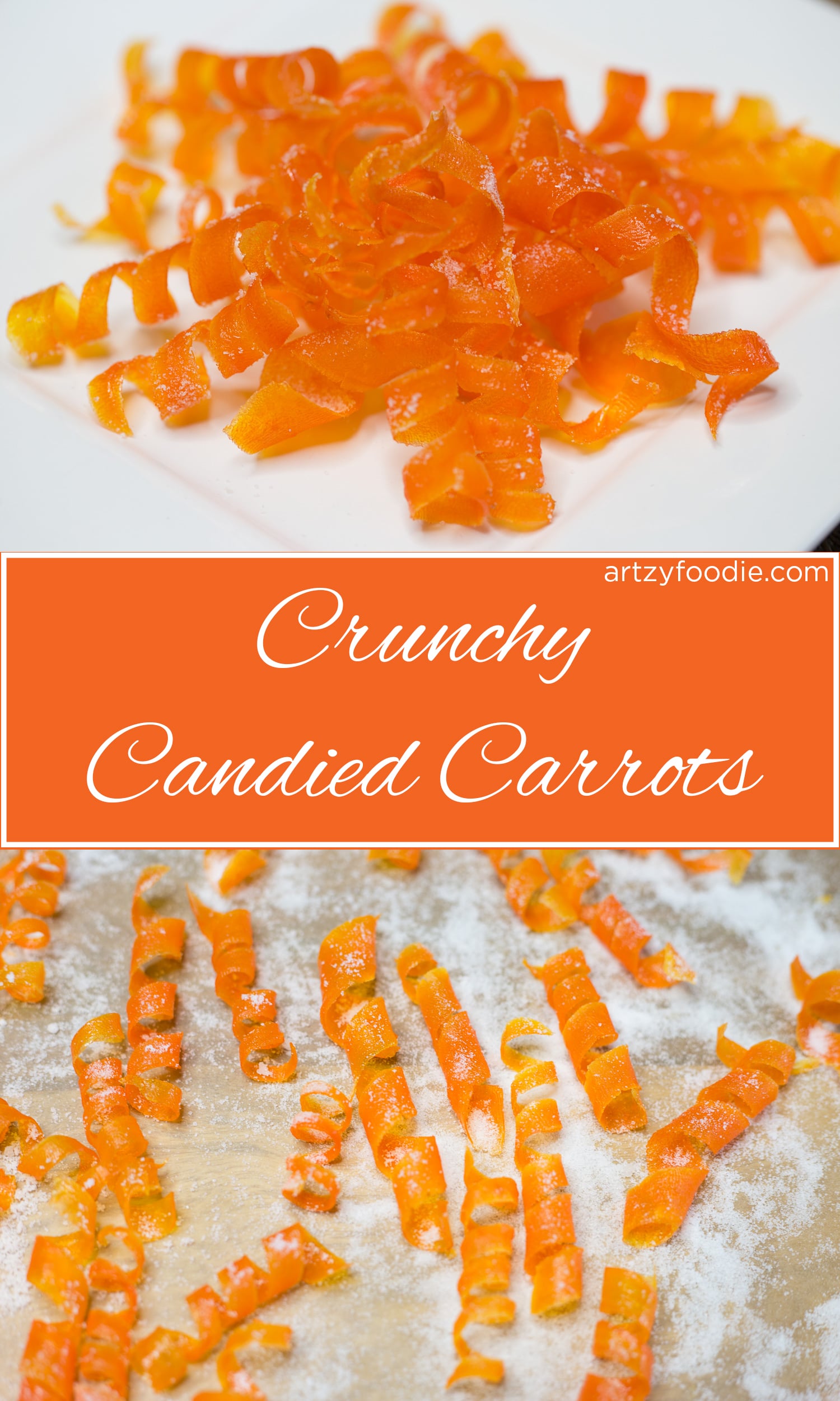 Candied carrots are as much fun to make as they are to eat! These super cute candied carrot curls have been boiled in sugar water, baked, and dusted with even more sugar! |artzyfoodie.com|