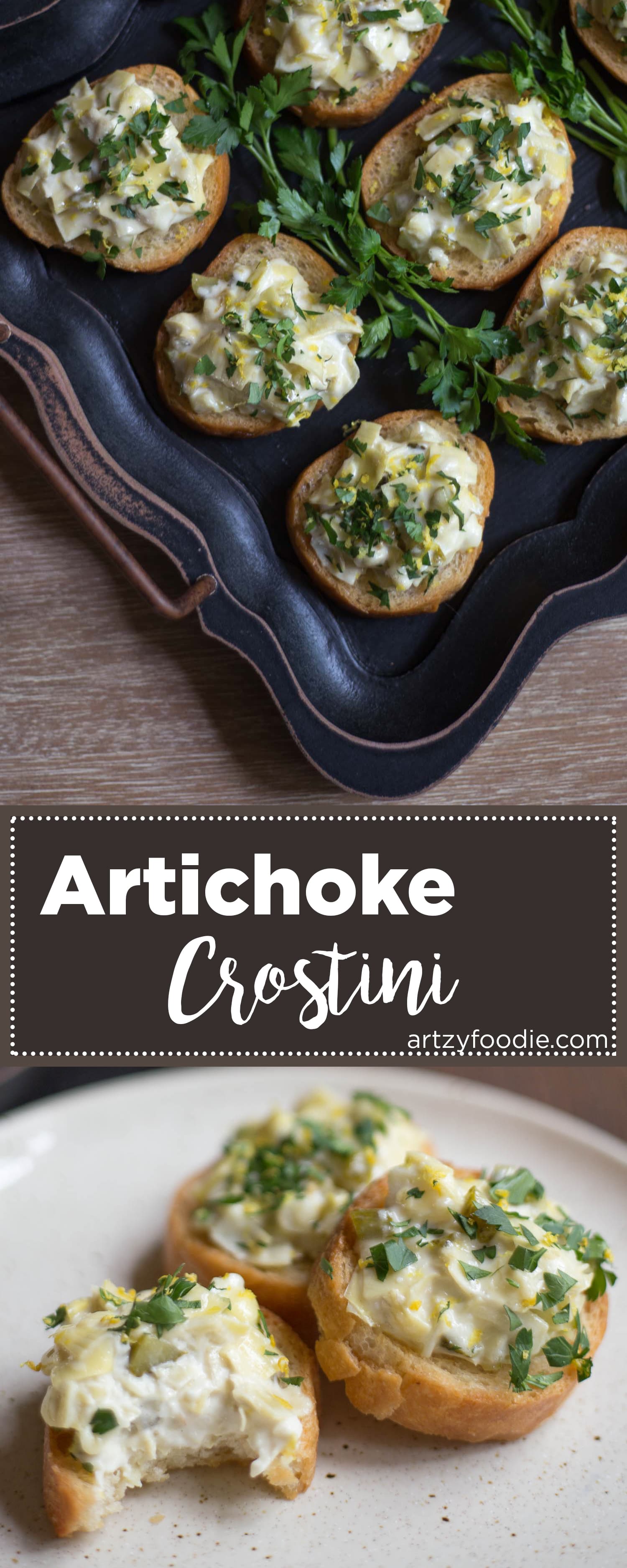 Artichoke crostini are a tasty finger food that works great for holiday parties! |artzyfoodie.com|