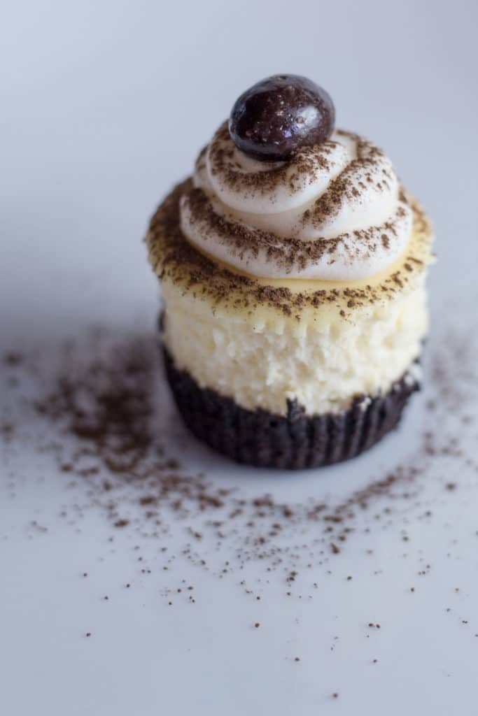 Up close view of a cheesecake cupcake topped with white frosting, cocoa powder, and an espresso bean