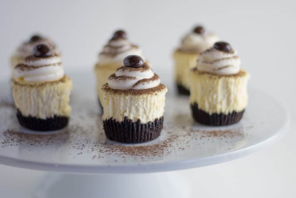 A white cake plate topped with miniature cheesecake cupcakes topped with white frosting, cocoa powder, and an expresso bean