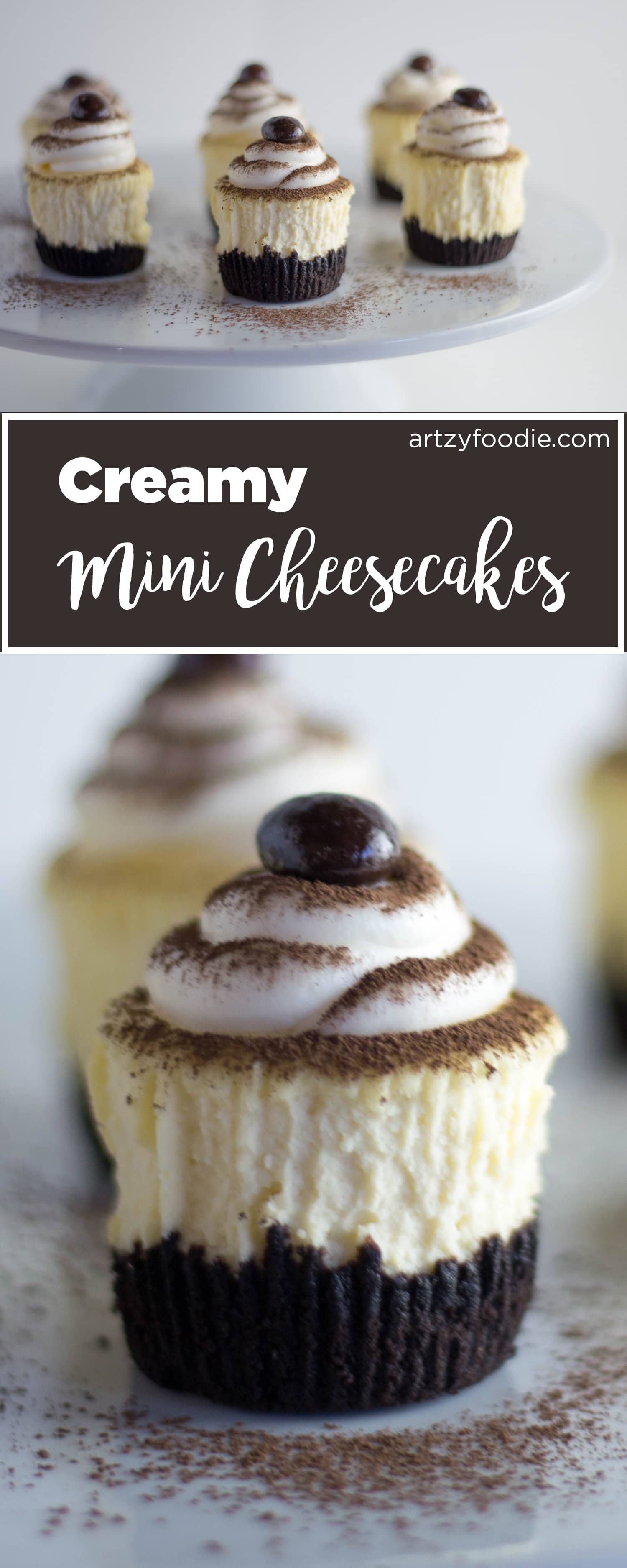 Creamy mini cheesecakes are a delicious hand held dessert that are perfect for holiday entertaining! |artzy foodie.com|