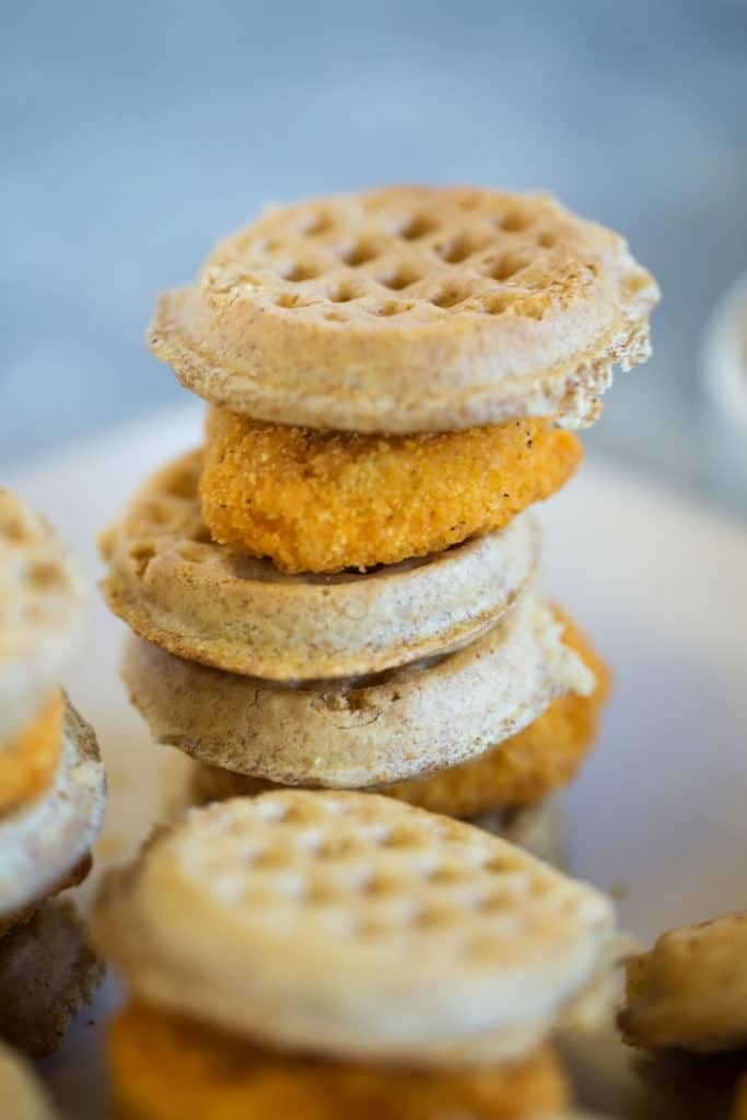 A stack of miniature chicken and waffle sliders