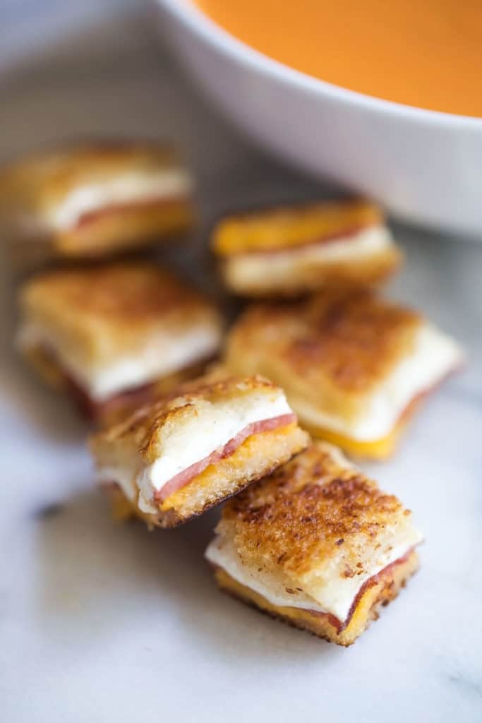 Up close view of grilled cheese and bacon croutons