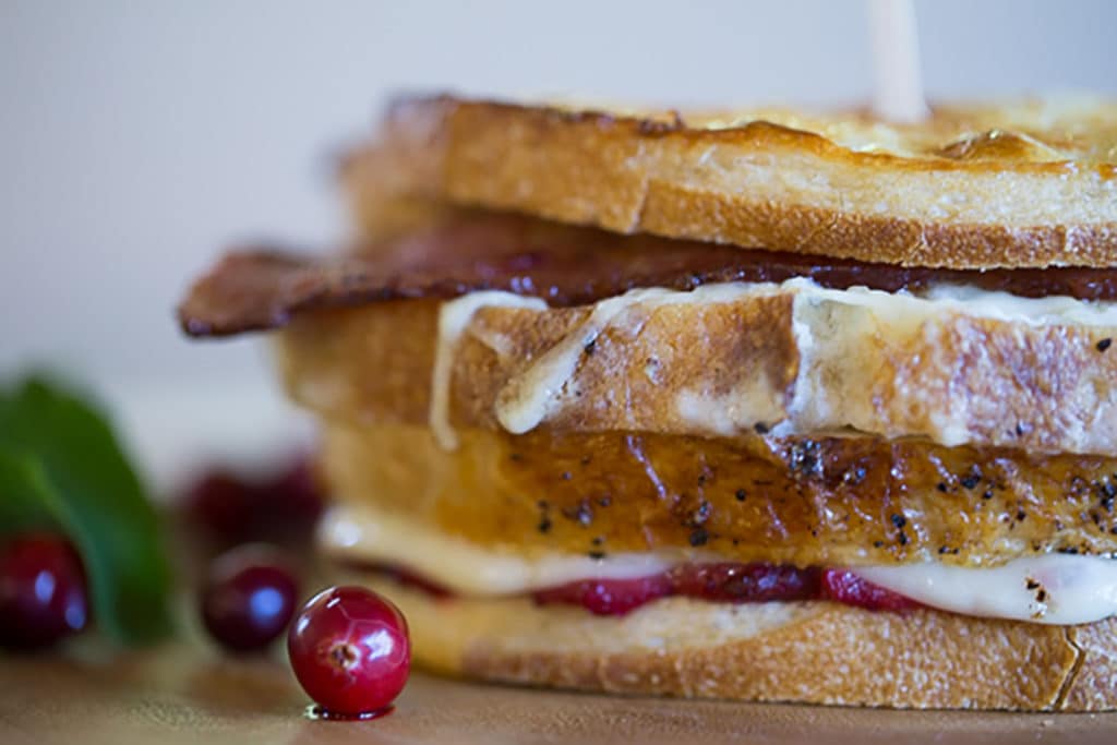 Straight on view of toasted turkey sandwich next to a cranberry
