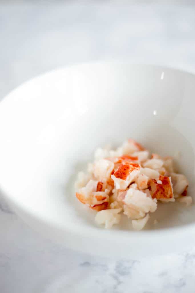 White bowl with bits of chopped lobster
