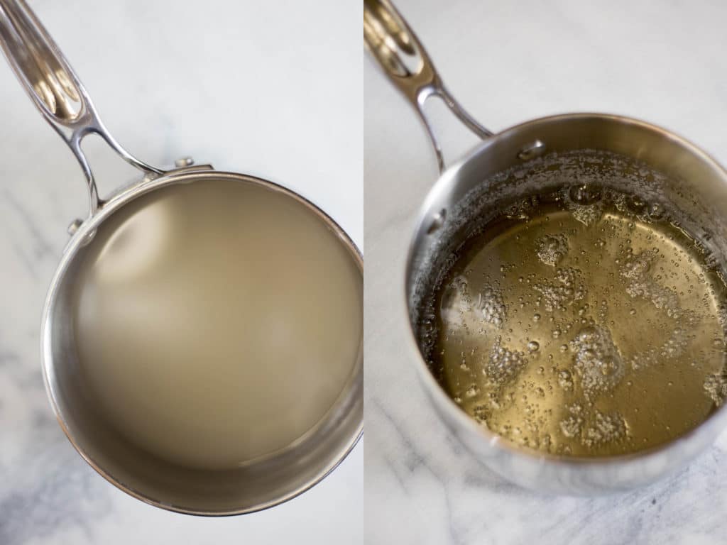 2 Pans of sugar and water mixture at different stages of cooking side by side