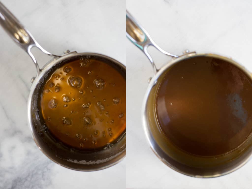 2 pans of caramelized sugar sugar at different stages of cooking side by side