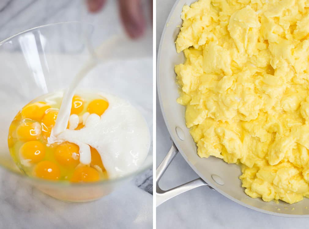 Side by side photos of eggs. One pouring milk into a clear bowl of eggs and a skillet of cooked eggs.