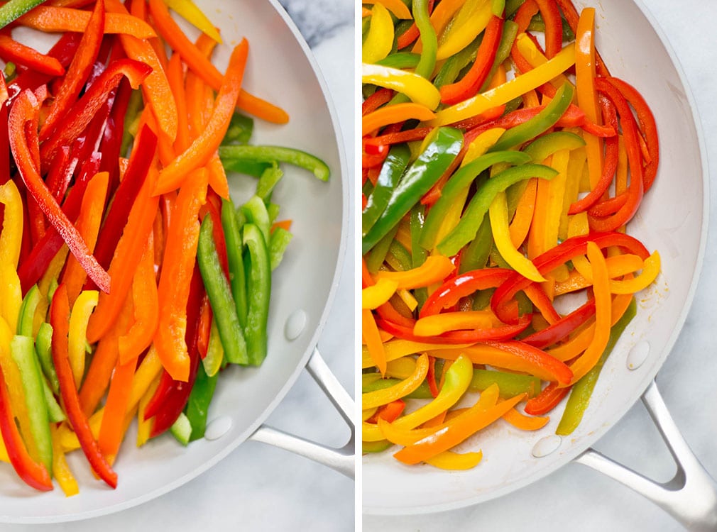 Side by side photos of sliced red, orange, yellow, and green peppers in a skillet. Raw on the left and cooked on the right.
