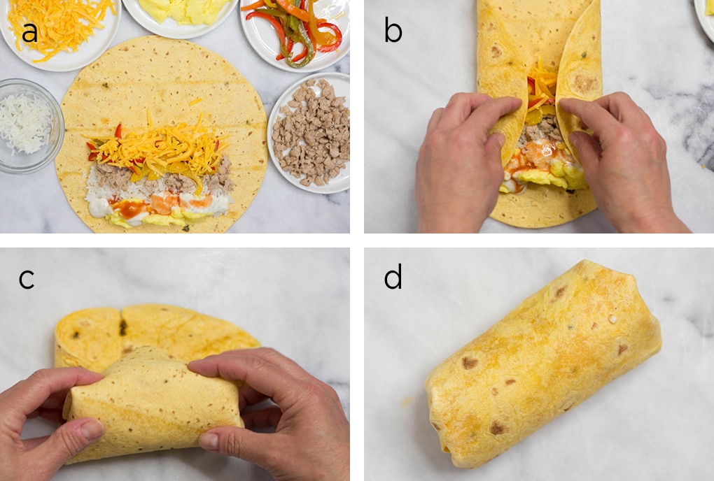 4 Photos illustrating the steps to roll a burrito