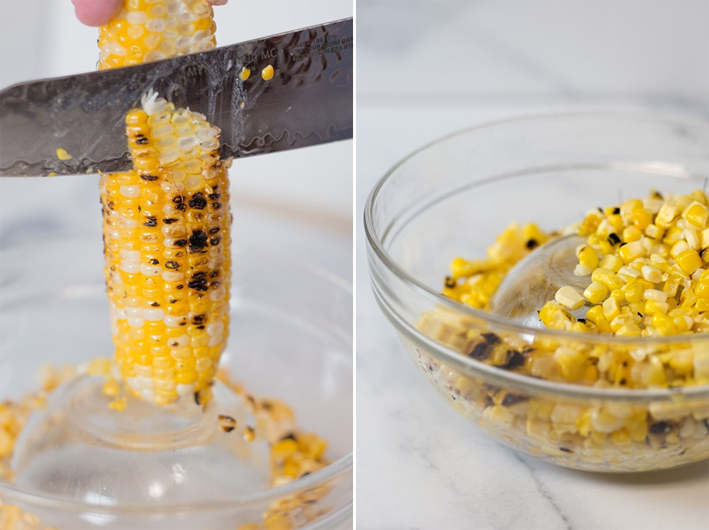 Side by side photos of cutting corn off the cob and corn kernels in a bowl