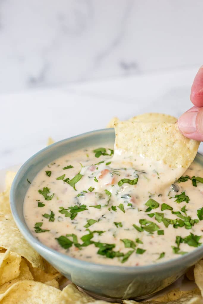A tortilla chip dipping into a bowl of white cheese dip garnished with chopped cilantro