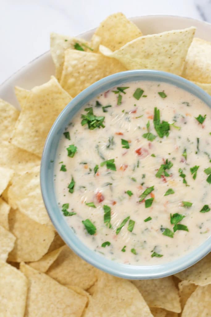 Overhead view of a light blue bowl of white queso with tomatoes and chopped cilantro surrounded by tortilla chips