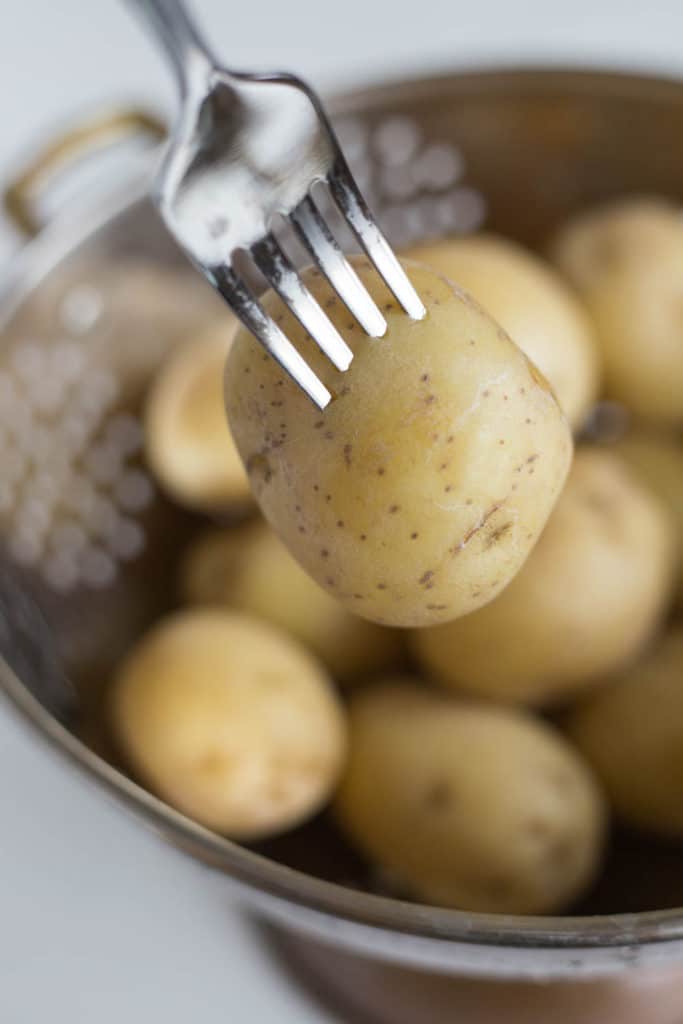 A fork stuck into a baby yukon gold potato over a colander of potatoes