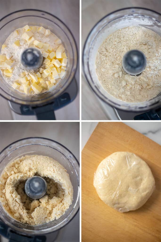 A collage of 4 photos showing the process of make pie crust in a food processor